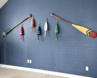 Nautical Wall Decor-  Fun Boating Decor in Bright Colors - Five Fishing Buoys and Two Painted Wooden Oars