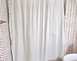 White Cotton Shower Curtain by Serena & Lily - Fun Tassel Trim!