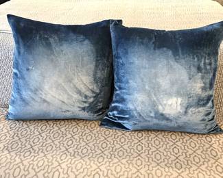  Set of Two Blue Down Filled Velvet 20" Throw Pillows