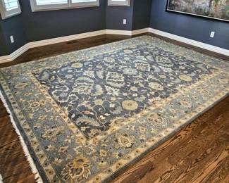 Large Hand Made Wool Area Rug in Teals, Grays, & Beiges - 12ft 2" x 9ft