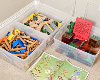 Three Tubs of Fun!  Lincoln Logs, Wooden Train Tracks & Magna Tiles