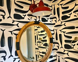  Serena & Lily Montara Rattan Round Mirror plus Cute Red Wall Light Above