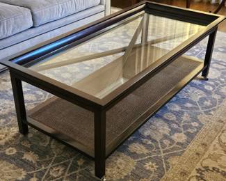  Mahogany Coffee Table with Sunken Glass Top and Lower Rattan Shelf
