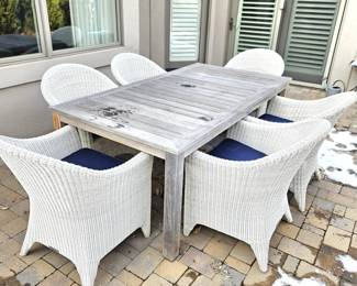 Kingsley Bate Teak Outdoor Patio Dining Table and Six Chairs in an All-Weather White Wicker