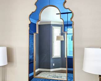  Designer Bunny Williams Sapphire Blue Handcrafted Wall Mirror in Gilded Wood Frame 27" x 54" Tall