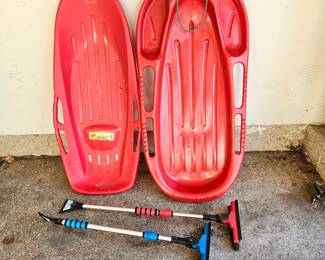 Winter Lot! Two Red Snow Sleds and Two Telescoping Ice Scrapers with Snow Brushes