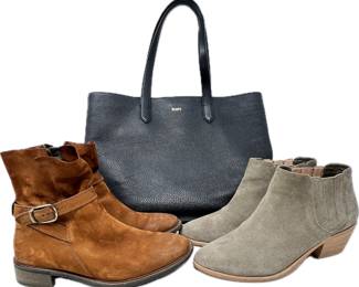 Paul Green Suede Belted Biker Ankle Boot (9) - Joie Suede Ankle Boot (9.5)- and Tobs Black Pebbled Leather Tote Bag