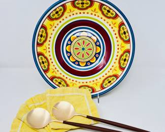  Pier One Colorful Serving Bowl w/ Cutipol Serving Utensils and Sweet Yellow Napkins.