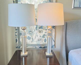 Set of Two Robert Abbey Designer Table Lamps in Matte Gold Tone and White Shades - 36" 