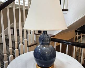 Blue Ceramic Table Lamp by Designer Bunny Williams - Dark Blue with White Paint Splatter & Gold Base