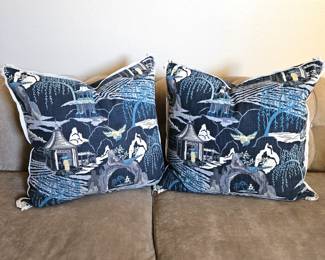  Set of Two Large Throw Pillows 24" Square - Down Filled - With Asian Inspired Print on Linen Fabric