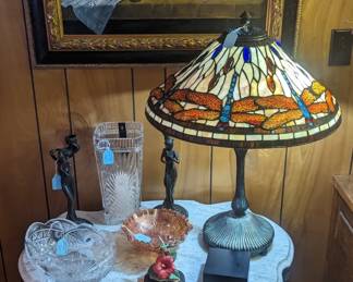 Dragon fly Tiffany Lamp house of Waterford base Fenton bowl marble top table