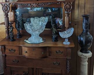 Tiger Oak serve American Brilliant Glassware punch bowl bronze vase marble base