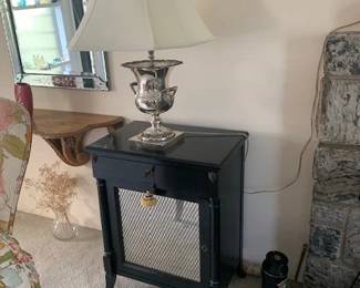 Wood-carved Shelf / Pair of Black Laquered End Tables