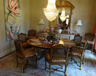 8 French open arm chairs, Custom round dining table