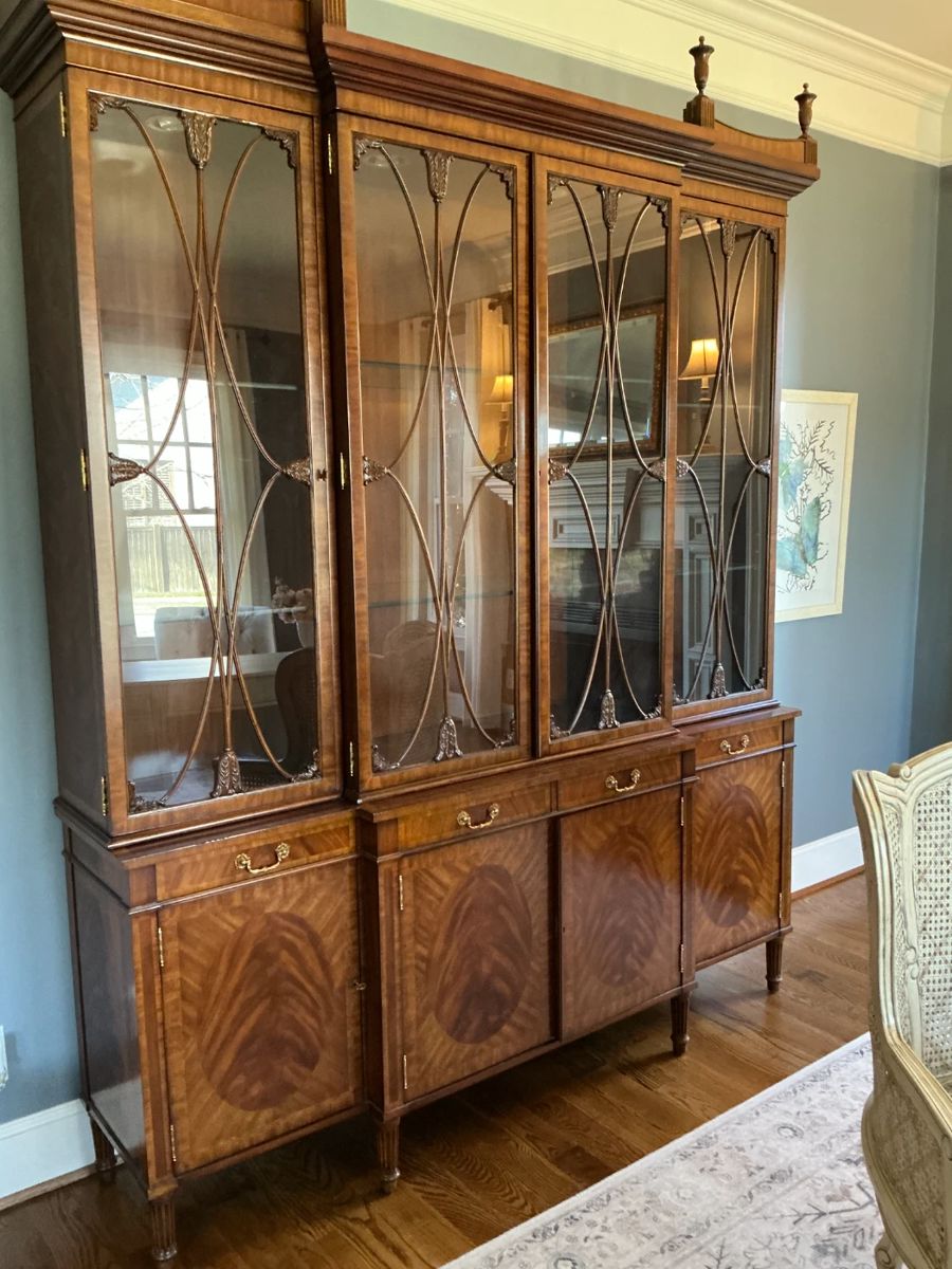 Maitland Smith Monumental Mahogany Breakfront Bookcase China Cabinet. Dimensions: 80.5" wide, 20" deep in center, 8' tall (9' tall with finials on top). Excellent condition, comes apart into four sections for easy moving (base, side cabinets, center, and center cabinet). This is a special piece and serious offers will be considered. 