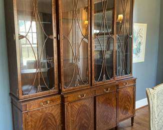 Maitland Smith Monumental Mahogany Breakfront Bookcase China Cabinet. Dimensions: 80.5" wide, 20" deep in center, 8' tall (9' tall with finials on top). Excellent condition, comes apart into four sections for easy moving (base, side cabinets, center, and center cabinet). This is a special piece and serious offers will be considered. 