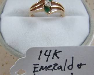 14K Gold, Emerald & Diamond Ring