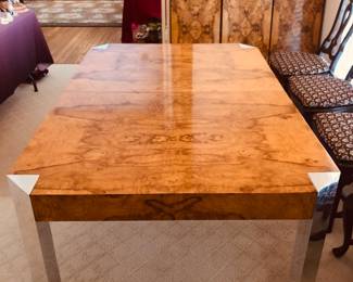 Amazing burl wood top dining table with chrome legs, book matched veneer top & leaves, has pads also