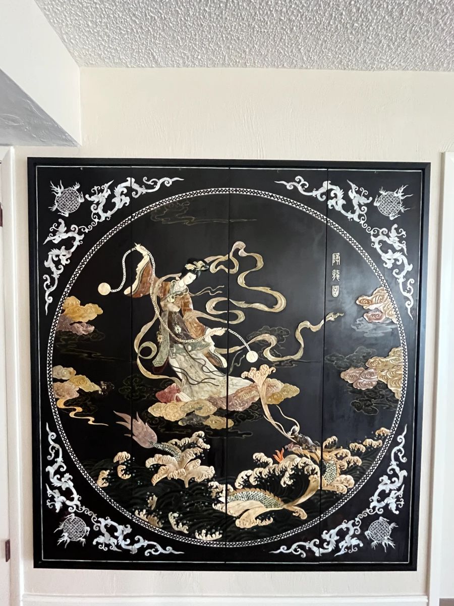 Vintage Asian lacquer wall art. 4 panels have been joined and framed to make one solid, spectacular statement piece. The entire piece measures 5'5"W x 5.75'H