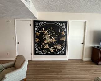 Vintage Asian lacquer wall art. 4 panels have been joined and framed to make one solid, spectacular statement piece. The entire piece measures 5'5"W x 5.75'H