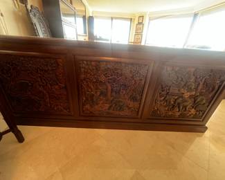 Gorgeous carved wood bar! Measures 8'L x 21.5"W x 38"H. Lots of storage on the back side (see next photos)