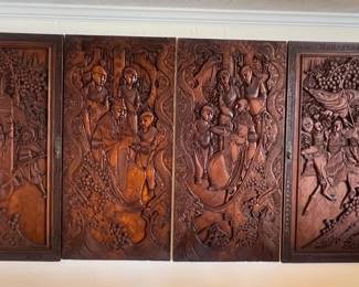 4 carved Asian wall panels; each measures 24W" x 48H"
