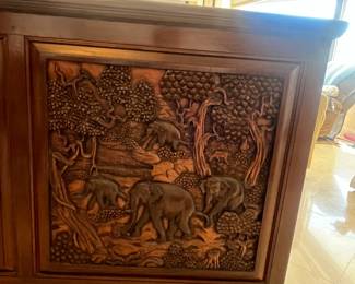 Gorgeous carved elephants wood bar! Measures 8'L x 21.5"W x 38"H. Lots of storage on the back side (see next photos)