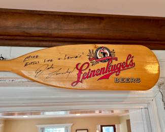 Vtg. Leinenkugels Beers advertising boat oars sign- signed by Jake Leinenkugels "Enjoy Life and Leinie's