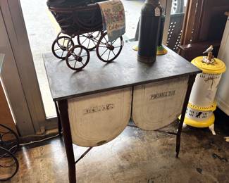 Vintage Galvanized Double Wash Tub with Lid, GREAT PARTY DRINK COOLER, and an antique Salesman's Sample Carriage and c.early 1900's Stanley Thermos