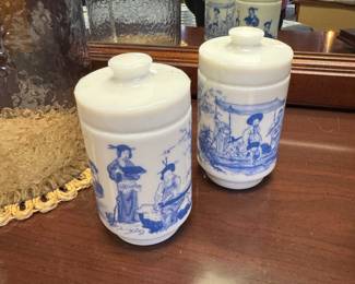 BELGIUM, Hand Painted 5" Milk Glass Ginger Jars with lids
