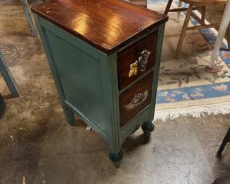 Vintage, Small Green and Stained, 2-Drawer, Wooden Cabinet 