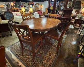 High Top Solid Wooden Table with Leaf and 4 Matching High Boy Chairs