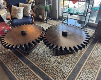 c.1970’s MCM, Large COG WHEEL SPINING GEAR SPROCKET Coffee Table. Solid Wood and remarkably crafted with sturdy construction and design, ETHAN ALLEN (Value $1,300-$7,300 Pair)