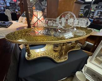 MCM, Hollywood Regency 2-Tiered Coffee Table, with Greek Goddess Legs, Marble-Designed Oval Top and a 4-Edged Base, with Attached Center Floral Bowl, Ornate Edges, and a rare piece!