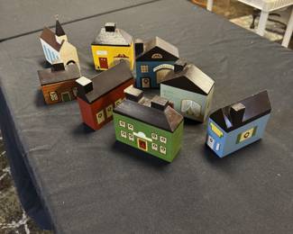 c.1984, Set of 8 Wooden Village Pieces, each piece is signed HG and dated