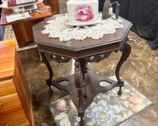 Antique 8-Sided Scalloped Edged Mahogany Table and early 1900's Large Cheese Dish with Lid