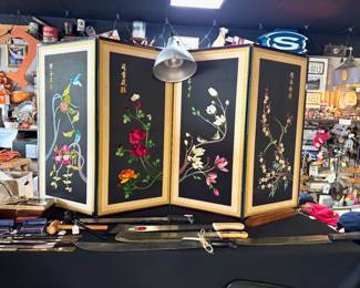 MCM, Silk, 4-Panel, Folding Oriental Needlepoint Screen, with exquisite detailing, see next photos, L-72" x H-36"