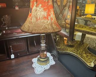 Antique Peach Glass Lamp with Victorian Themed Shade 