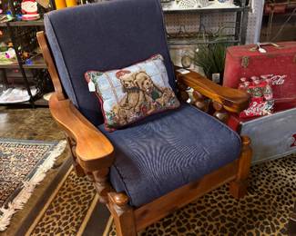 MCM Wooden Chair with dark denim fabric