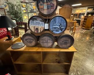 JACK DANIELS Genuine Wooden Kegs, sturdily mounted together into one AMAZING Advertising "Sign" Display Piece. PLUS, a MCM Solid Wooden 2-Tier Display Cabinet / Bookcase