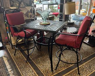 3-Piece High Top Wrought Iron Patio Table with 2 Swivel Matching Chairs and Cushions