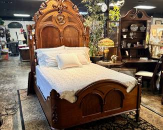 c.1800's Ornately Carved, Full Size, Mahogany Bed with Mattress, Boxsprings, and Bedding