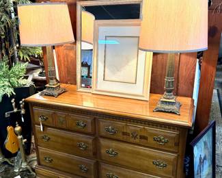 Mid Cent Modern, BASSETT Furniture Co, 6-Drawer Dresser or Buffet and 2 MCM Solid Brass Lamps with Ornate Bases