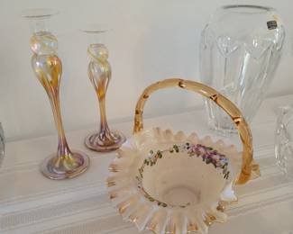Fenton basket, art glass candle sticks
