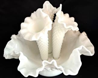 WHITE MILK GLASS EPERGNE 3 HORN FLOWER HOLDER