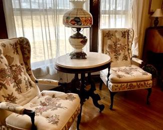 Lovely pair of tufted livinroom arm chairs
Marble top Victorian table