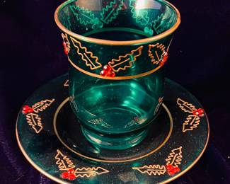 Green glass holly cup and saucer