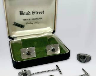 Sterling Silver Black Star Sapphire Mens Cufflinks, Tie Clips,  Ring