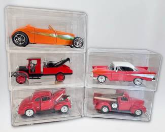 5 Displayed Die Cast Cars Including A Hot Rod